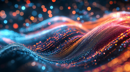 Poster - Big data flow, information field of innovation, digital cyber wave, coded information, current code. Wavy lines and color variety 3D illustration
