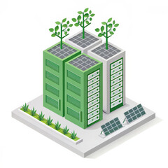 Aufkleber - green data center icon with solar panels and rooftop gardens symbolizes sustainable technology and eco friendly architecture. design emphasizes renewable energy and environmental consciousness