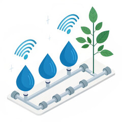 Aufkleber - 3D illustration of minimalistic irrigation system features water droplets and wireless signals, symbolizing smart technology in agriculture. plant grows beside system, highlighting sustainability