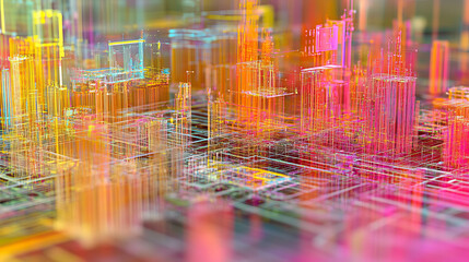 Poster - Neural network 3D illustration. Big data and cybersecurity. Data stream. Global database and artificial intelligence. Bright, colorful background with bokeh effect