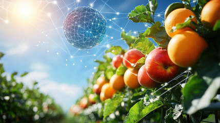 Fototapete - futuristic fruit farm powered by clean energy features vibrant oranges and apples under digital network sphere, symbolizing innovation in agriculture