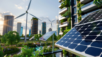 Poster - futuristic green cityscape features solar panels and wind turbines amidst lush vertical gardens on modern buildings, showcasing sustainable urban living