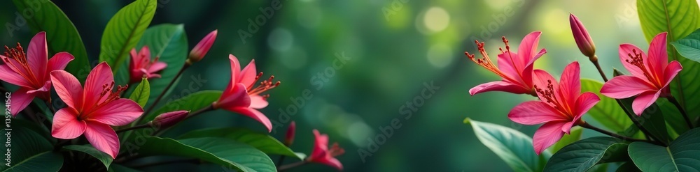 Exotic flowers and plants in shades of pink and red blooming in a tropical garden, exotic plants, shades