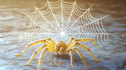 A golden spider rests beneath its intricate white web casting a reflection on the shimmering surface below