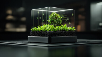 Poster - small tree and plants are enclosed in transparent cube, symbolizing high tech green infrastructure concept. setup is futuristic and emphasizes sustainability