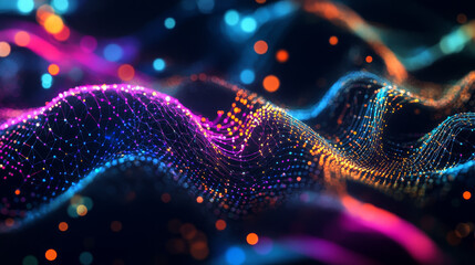 Poster - Abstract neural network 3D illustration. Big data concept. Global database and artificial intelligence. Bright, colorful background with bokeh effect