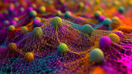 Poster - Abstract neural network 3D illustration. Big data concept. Global database and artificial intelligence. Bright, colorful background with bokeh effect