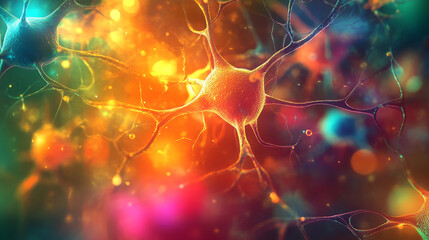 Poster - Neural network 3D illustration. Abstract Big data concept. Global database and artificial intelligence. Bright, colorful background with bokeh effect