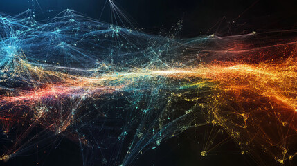 Poster - Wireless technologies, cryptography, cyberspace, neural network 3D illustration. Big data concept. Global database and artificial intelligence. Bright, colorful background with bokeh effect