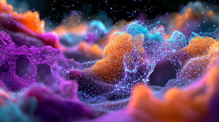 Poster - Wireless technologies, cryptography, cyberspace, neural network 3D illustration. Big data concept. Global database and artificial intelligence. Bright, colorful background with bokeh effect
