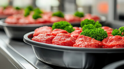 Poster - Fresh cuts of raw beef are neatly arranged in black trays, garnished with vibrant green parsley, creating appetizing display in professional kitchen setting