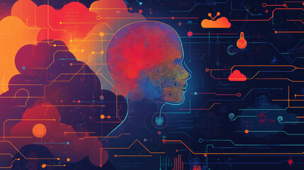 Poster - Big data and cybersecurity 3D illustration. Neural network and cloud technologies. Global database and artificial intelligence. Bright, colorful background with bokeh effect