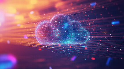 Poster - Big data, cryptography programming 3D illustration. Neural network, cloud technologies. Global database, artificial intelligence. Bright, black and white background with bokeh effect