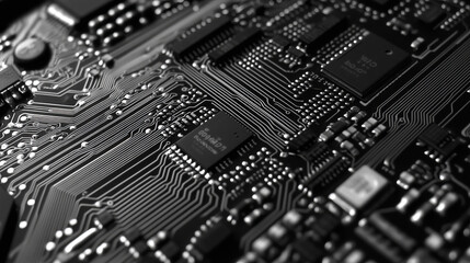 Poster - Microcircuit, chip, silicon chip, circuit 3D illustration. Motherboard. Cyberspace of high technologies. Information flow and data analytics