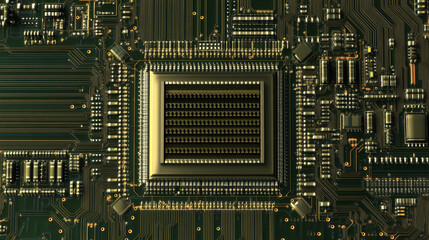 Poster - Microcircuit, chip, silicon chip, circuit 3D illustration. Motherboard. Cyberspace of high technologies. Information flow and data analytics