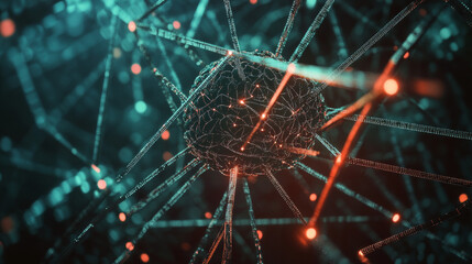 Poster - Digital brain, AI mind, trainable neural network. 3D illustration of abstract neural connections in the synthetic process of electronic impulses