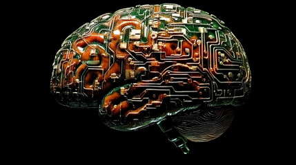 Poster - Digital mind, artificial intelligence, machine consciousness 3D illustration. Computer brain and neural networks. Electrical impulses brainstorming