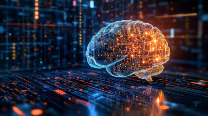 Poster - Digital mind, artificial intelligence, machine consciousness 3D illustration. Computer brain and neural networks. Electrical impulses brainstorming
