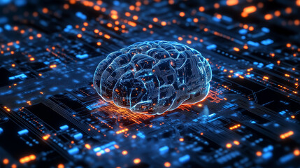 Poster - Digital mind, artificial intelligence, machine consciousness 3D illustration. Computer brain and neural networks. Electrical impulses brainstorming