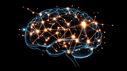 Poster - Digital mind, artificial intelligence, machine consciousness 3D illustration. Computer brain and neural networks. Electrical impulses brainstorming