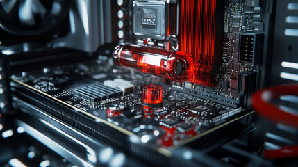 Poster - Big data flow computer diagram. Processor and motherboard 3D illustration. Binary code and blockchain structure