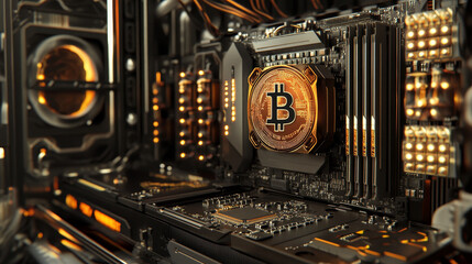 Poster - Big data flow computer diagram. Processor and motherboard 3D illustration. Binary code and blockchain structure