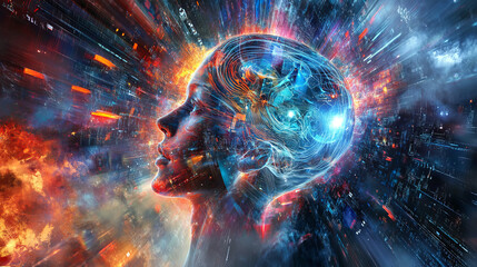 Poster - AI, digital mind, artificial intelligence, computer brain, quantum processor, CPU, neural networks. Digital database of future 3D illustration on a technological background
