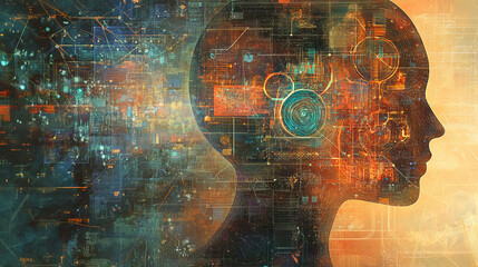 Poster - AI, digital mind, artificial intelligence, computer brain, quantum processor, CPU, neural networks. Digital database of future 3D illustration on a technological background
