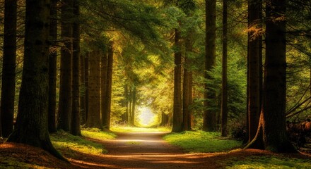 Wall Mural - sunlit forest pathway surrounded by tall evergreen trees