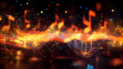 Poster - Hi-tech, sci-fi 3D illustration Abstract musical beat. Sound wave in field of big data particles. Dancing dots of a neural network in a nanotechnology cyberspace project. Bokeh and bright LED flashes