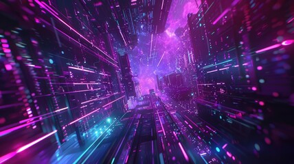 Poster - Explore a vibrant futuristic digital landscape featuring bright neon patterns and abstract designs. An ideal background for technology and innovation themes.