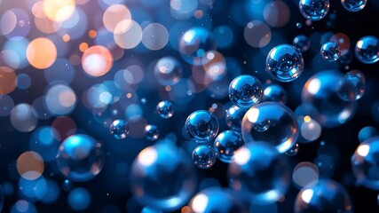 Wall Mural - abstract blue bubbles with bokeh effect and glowing highlights on dark background
