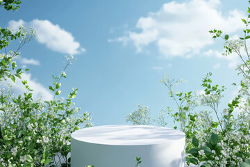 Wall Mural - White podium amidst lush greenery under blue sky