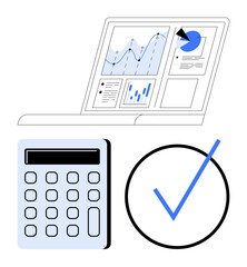 Poster - digital charts on a laptop, calculator for calculations, and checkmark symbolize productivity. ideal