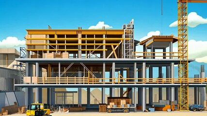 Poster - Construction of Modern Buildings With Cranes in Sunny Landscape Generative AI