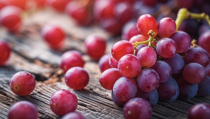 Poster - Fresh red grapes scattered on rustic wooden table with natural light highlighting their vibrancy