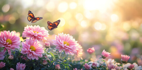 Wall Mural - Pink chrysanthemums with butterflies in sunlit garden