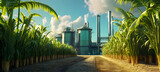 A sugarcane farm leading into a high-tech sugar milling facility