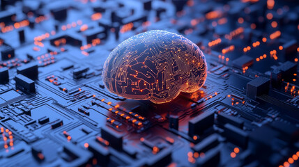 Poster - Artificial Intelligence. Digital age in the global world of the future. 3D illustration of computer mind in decentralized cyberspace