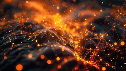 Poster - Abstract glowing orange and yellow network connections on a dark background. Digital artwork for design of vibrant color of orange color with glowing effect dot and lines conecting together. AIG53.
