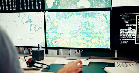 screen, weather and hand at computer with map, news and wind research for reporter. man, ecology bro