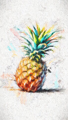 Poster - Pineapple Painting. The pineapple's leaves are a mix of green, blue, and yellow, creating a striking contrast against the white canvas.