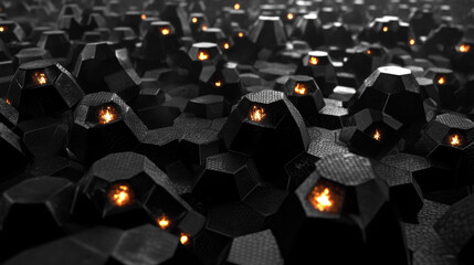 Poster - black-white hexagon with flaming faces. 3d illustration of a field of technological honeycombs