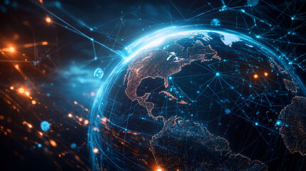 Poster - Data analytics, corporate logistics, business strategy. Internet technologies and innovations of virtual reality. 3d illustration of a hologram of a planet with satellites orbits
