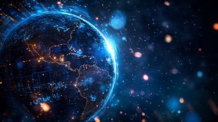 Poster - Data analytics, corporate logistics, business strategy. Internet technologies and innovations of virtual reality. 3d illustration of a hologram of a planet with satellites orbits
