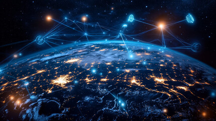 Poster - Data analytics, corporate logistics, business strategy. Internet technologies and innovations of virtual reality. 3d illustration of a hologram of a planet with satellites orbits