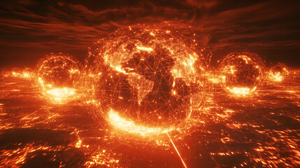 Poster - digital web. global computer wireless network. abstract 3d illustration of a flaming polygonal mesh 