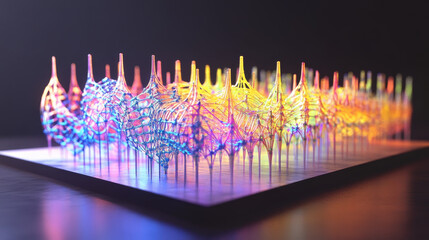 Poster - Abstraction of crystal structures. Neural connections of synthetic modifications. 3D illustration of a combination of artificial genes