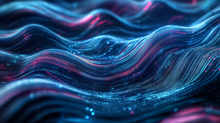 Poster - Synthetic mind of abstract neural networks. Science and technology innovation. Neon strings of wavy particles. 3d illustration of abstract cyberspace