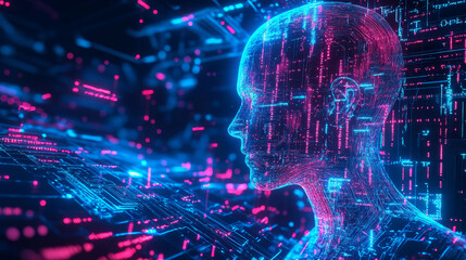 Poster - synthetic mind of abstract neural networks. science and technology innovation. neon strings of wavy 